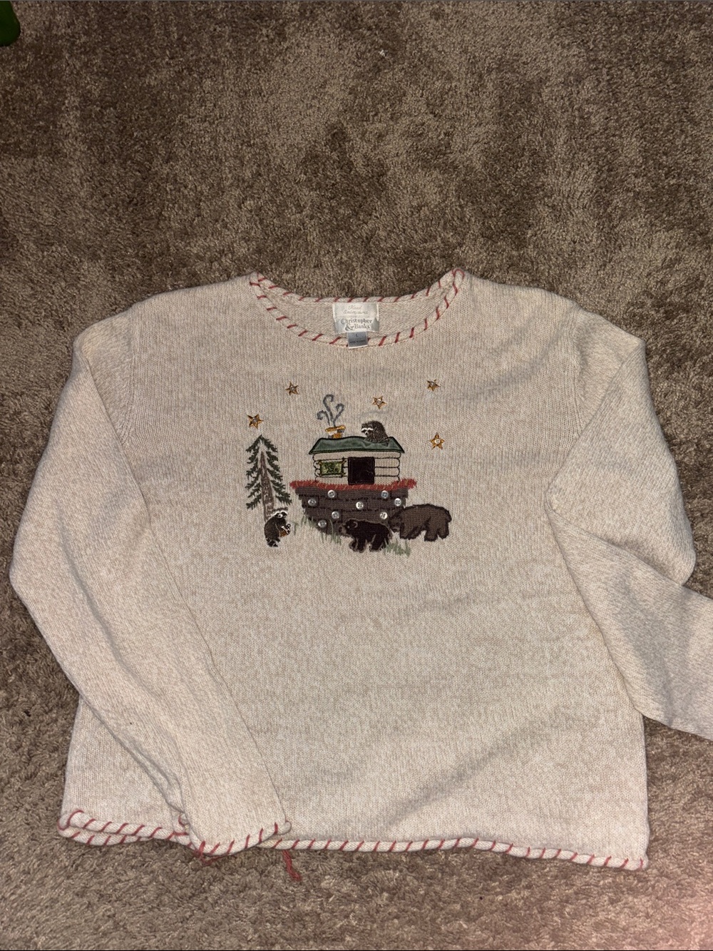 Vintage Ivory Campground Bear Embroidered Pullover